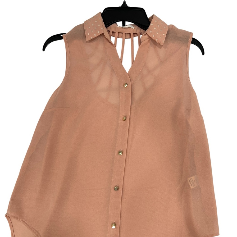 Edge Pink Peach Semi Sheer Button Down Blouse with Peter Pan Collar Top Shirt